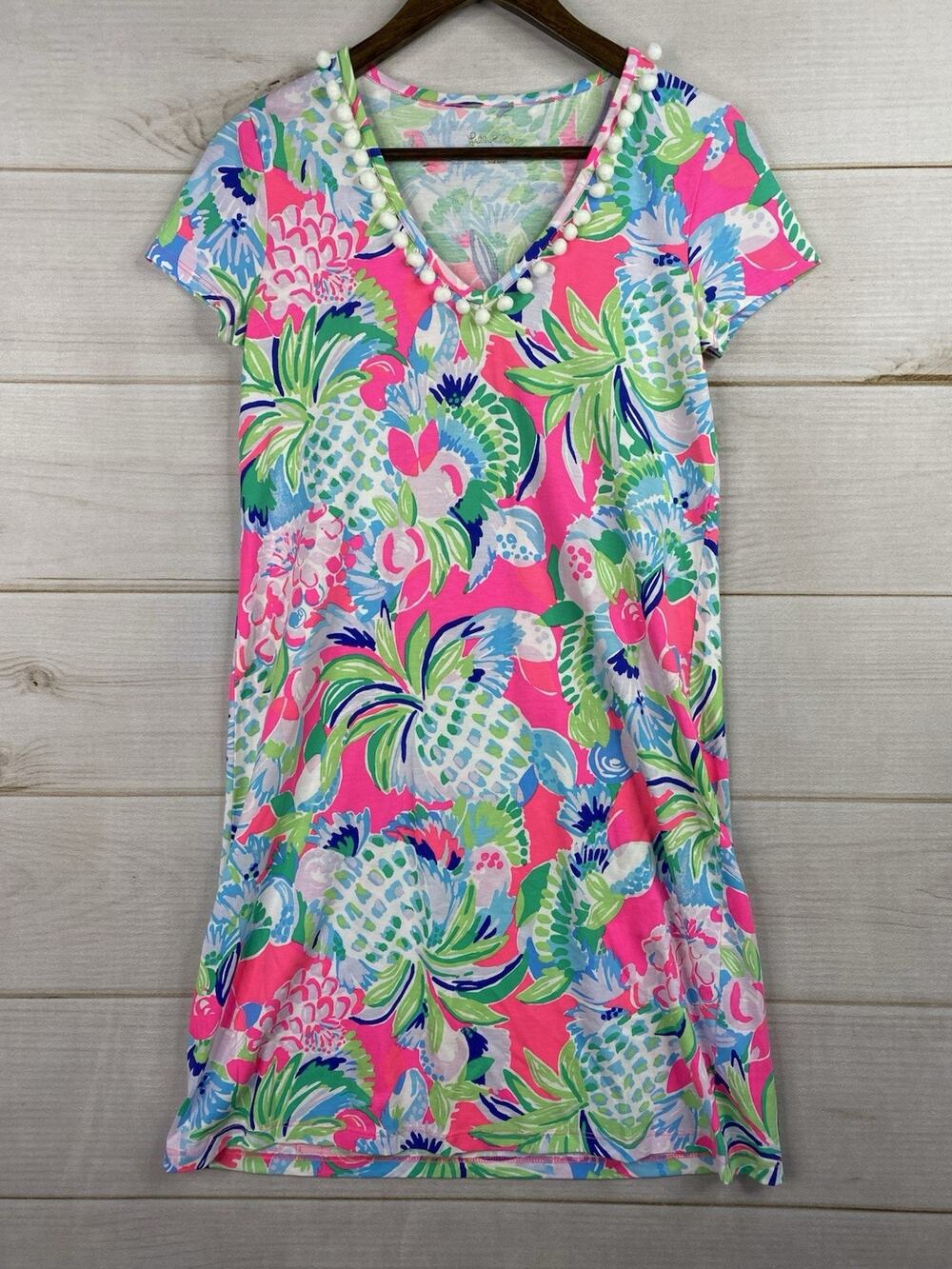 Lilly Pulitzer Dress Womens XS Pink Pineapples Stretch Preppy Pom Poms Tropical